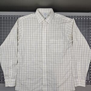 Brooks Brothers Dress Shirt 15.5-4/5 Cream Windowpane Plaid Slim Fit Non Iron